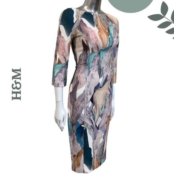 🛍️3/$40 H&M Abstract Print Bodycon Dress Marble 3/4 Sleeve – Size 2 (US) - Picture 3 of 7